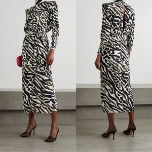 NWT DUNDAS Dress 38~S Black White Geo Button Pleat Puff-Long-Sleeve Midi“Dakota”
